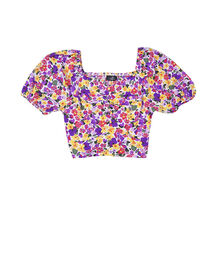 Fine Square Neck Shirred Back With Back Tie Floral Top (Purple)